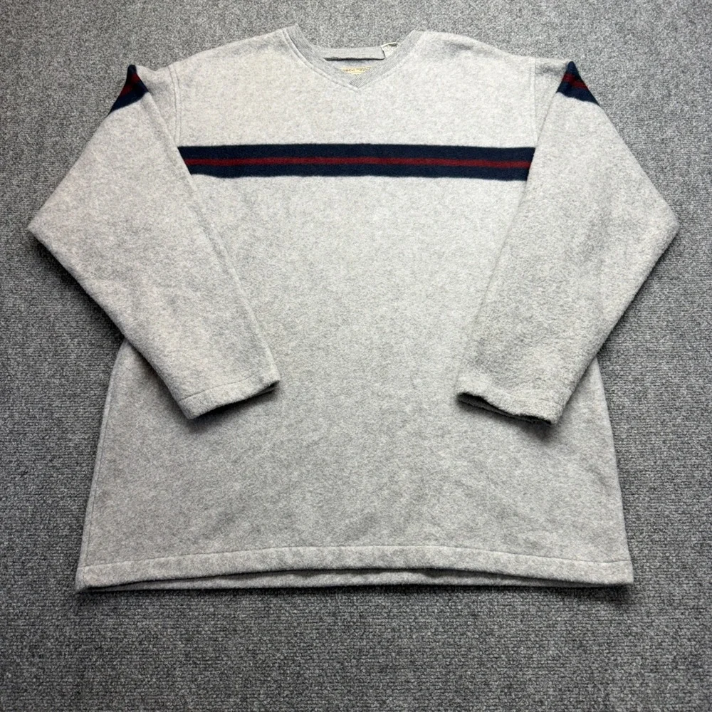 Vintage Bugle Boy Original Mens XL Snow Fleece V-Neck Pullover Gray Stripe